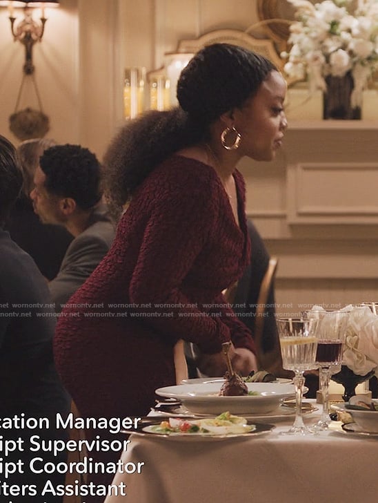 Janine’s burgundy textured dress on Abbott Elementary