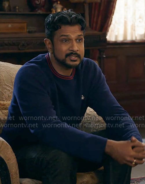 Jay’s navy blue sweater with striped neckline on Ghosts