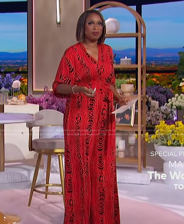 Jennifer’s red printed jumpsuit on The Jennifer Hudson Show