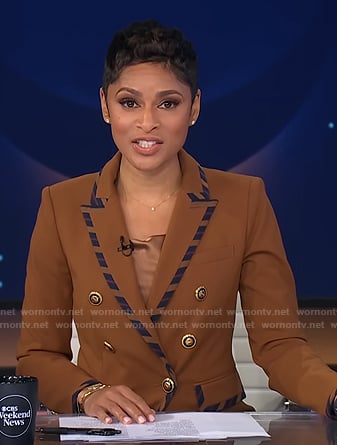 Jericka’s brown striped piping blazer and pants on CBS Evening News