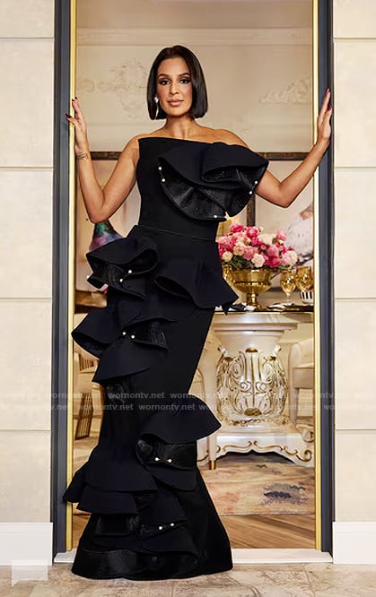 Jessel’s black ruffled reunion maxi dress on The Real Housewives of New York City