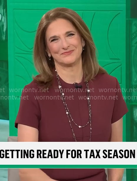 Jill Schlesinger’s dark red short sleeve sheath dress on CBS Mornings