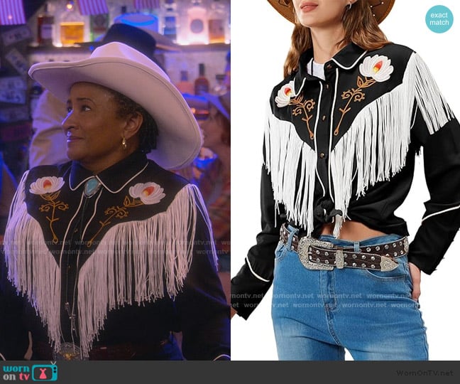 John Moon Floral Embroidered Fringe Western Shirt worn by Lucretia Turner (Wanda Sykes) on The Upshaws