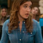 Kacey’s blue cardigan with pearl buttons on The Sex Lives of College Girls