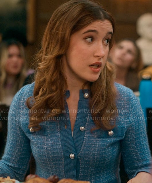 Kacey’s blue cardigan with pearl buttons on The Sex Lives of College Girls