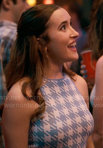 Kacey’s blue houndstooth mini dress on The Sex Lives of College Girls