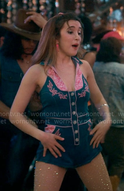 Kacey’s denim romper on The Sex Lives of College Girls