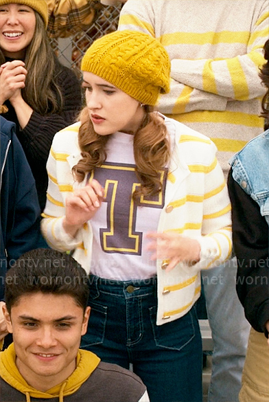 Kacey’s yellow striped cardigan on The Sex Lives of College Girls