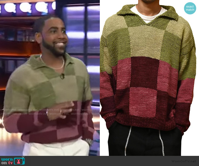 Kartik Research Open Collar Wool Patchwork Sweater worn by Jharrel Jerome on The Kelly Clarkson Show