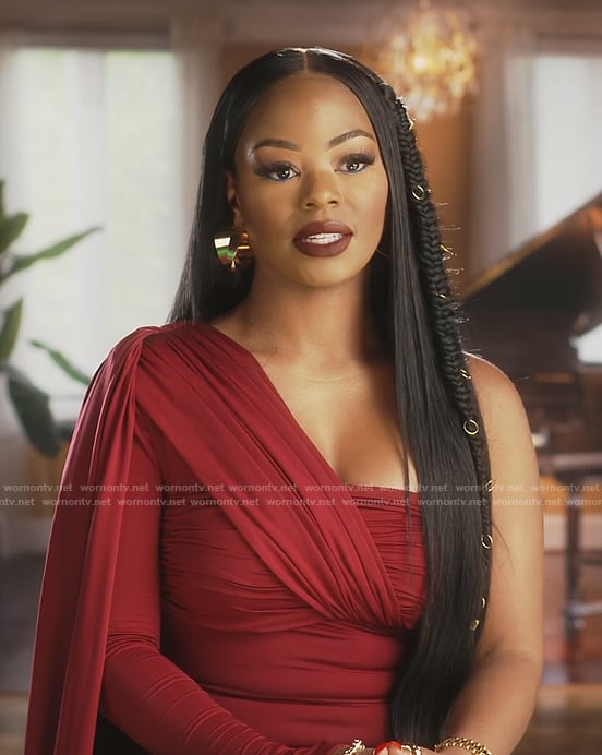 Keiarna’s red drape confessinoal top on The Real Housewives of Potomac