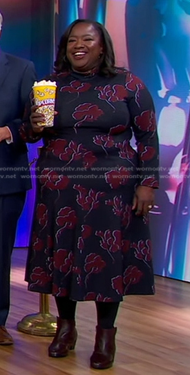 Kelley L. Carter’s navy floral mock neck dress on Good Morning America