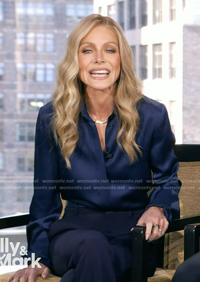 Kelly’s navy satin blouse on Live with Kelly and Mark