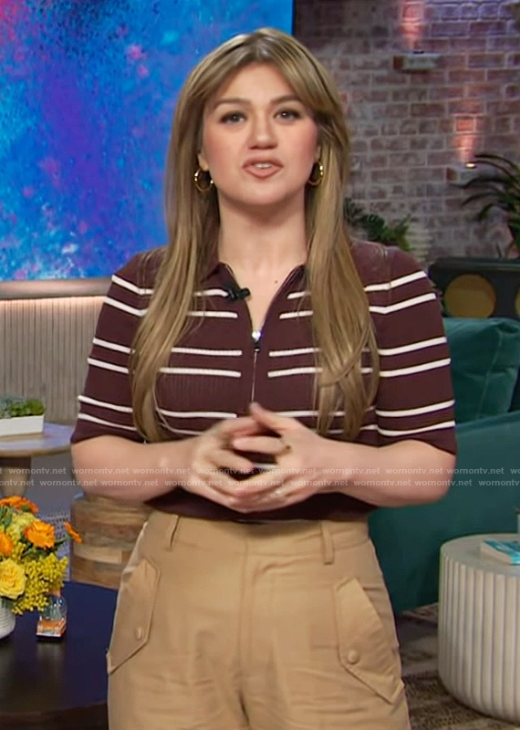 Kelly’s brown striped polo top on The Kelly Clarkson Show