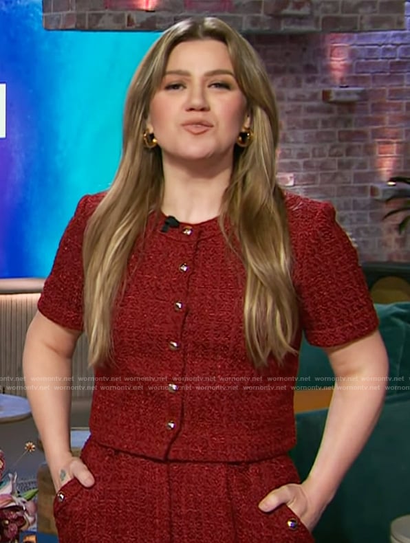 Kelly Clarkson’s red tweed top and pants on The Kelly Clarkson Show