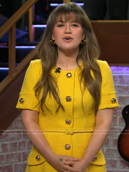 Kelly’s yellow tweed button front dress on The Kelly Clarkson Show