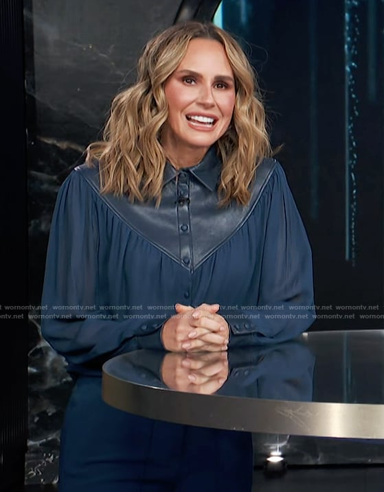 Keltie’s blue mixed media blouse and pants on E! News