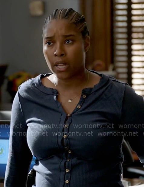 Kiana’s blue button front top on Chicago PD
