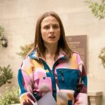 Kimberly’s geometric print fleece jacket on The Sex Lives of College Girls