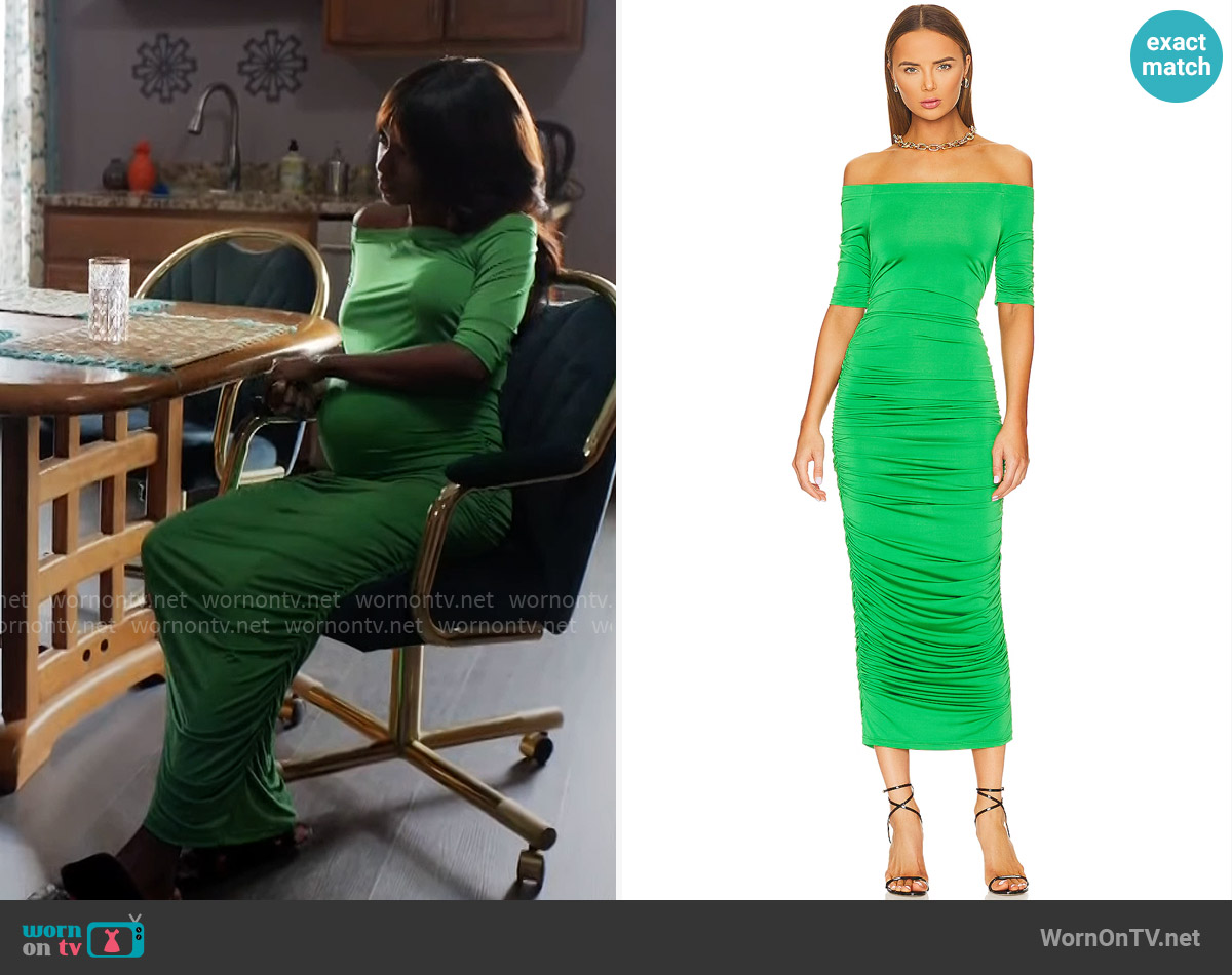 L'Agence Sequoia Off Shoulder Dress in Grass Green worn by Karen Mott (Ebony Obsidian) on Tyler Perrys Sistas