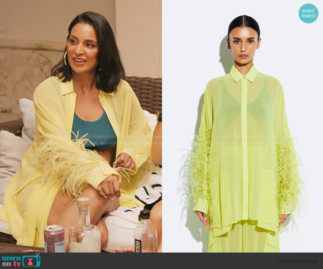 Lapointe Georgette Oversized Shirt With Feathers worn by Jessel Taank on The Real Housewives of New York City