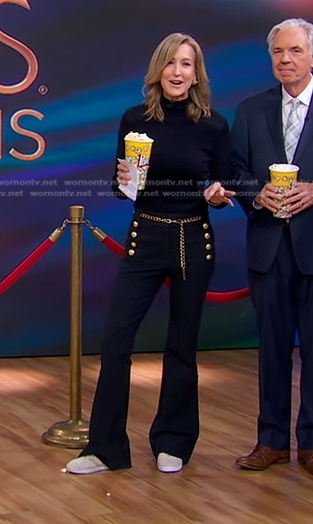 Lara’s patch shoulder turtleneck and sailor flare pants on Good Morning America