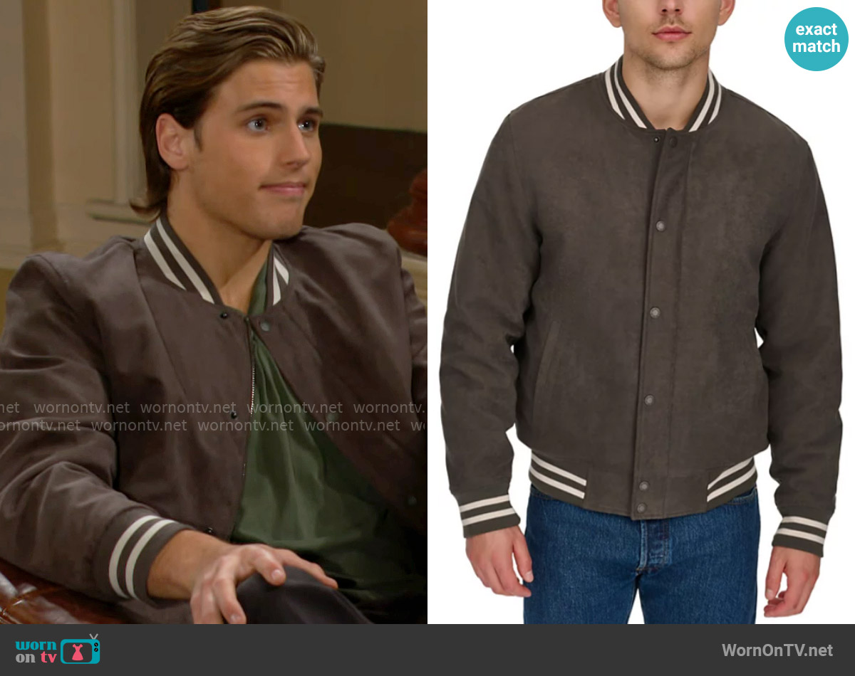 Levis Faux-Suede Varsity-Stripe Bomber Jacket worn by Will Spencer (Crew Morrow) on The Bold and the Beautiful