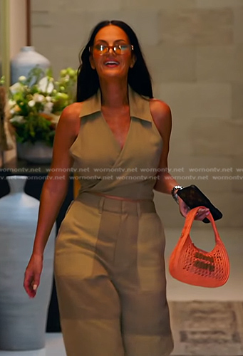 Lisa’s beige wrap top and patchwork cargo pants on The Real Housewives of Salt Lake City