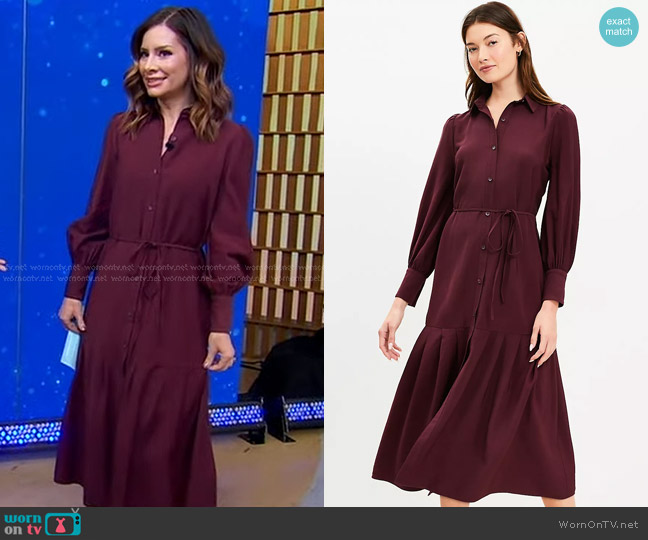Loft Pleated Tie Waist Midi Shirtdress worn by Rebecca Jarvis on Good Morning America