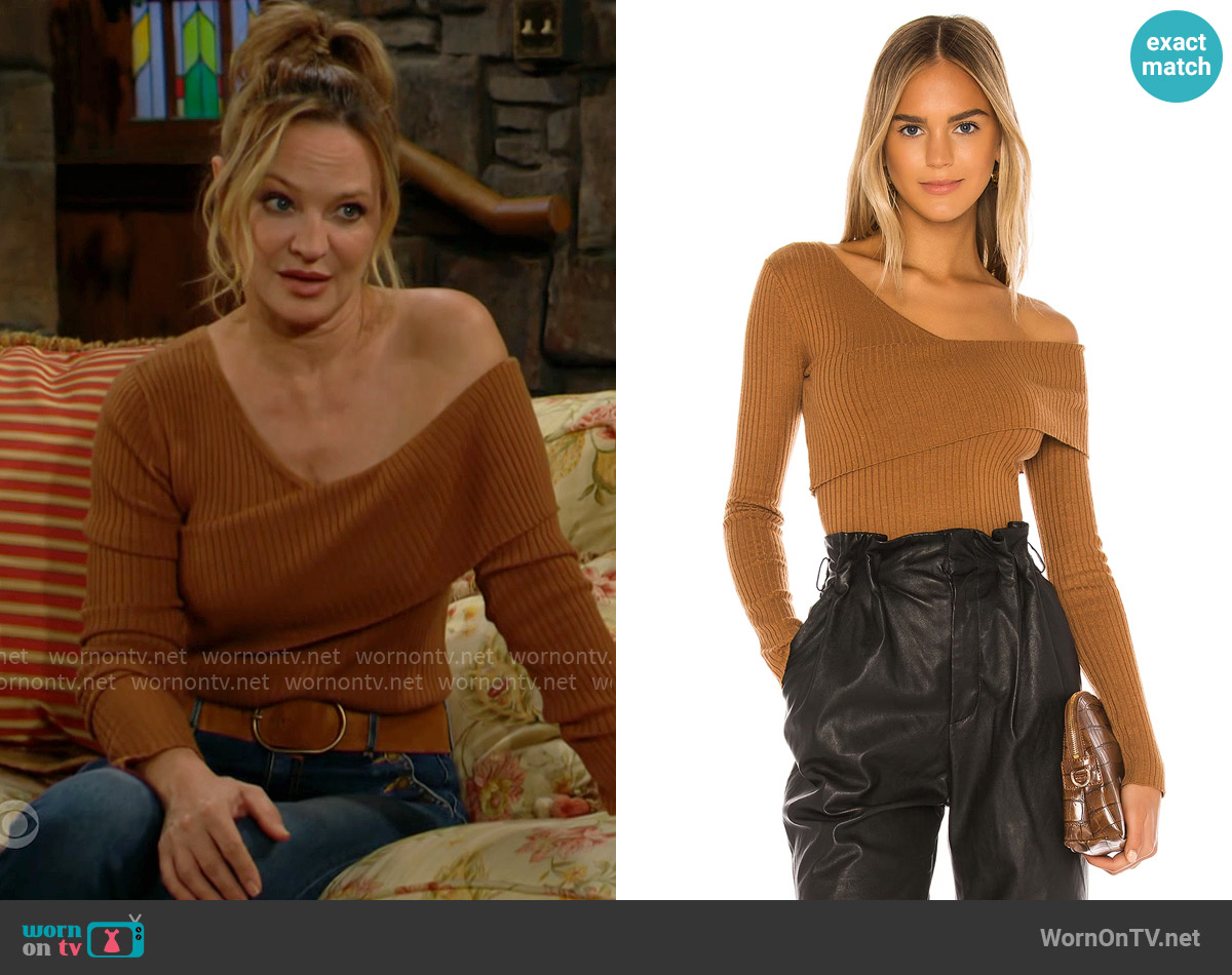 Lovers and Friends Booker Sweater in Camel worn by Sharon Newman (Sharon Case) on The Young and the Restless