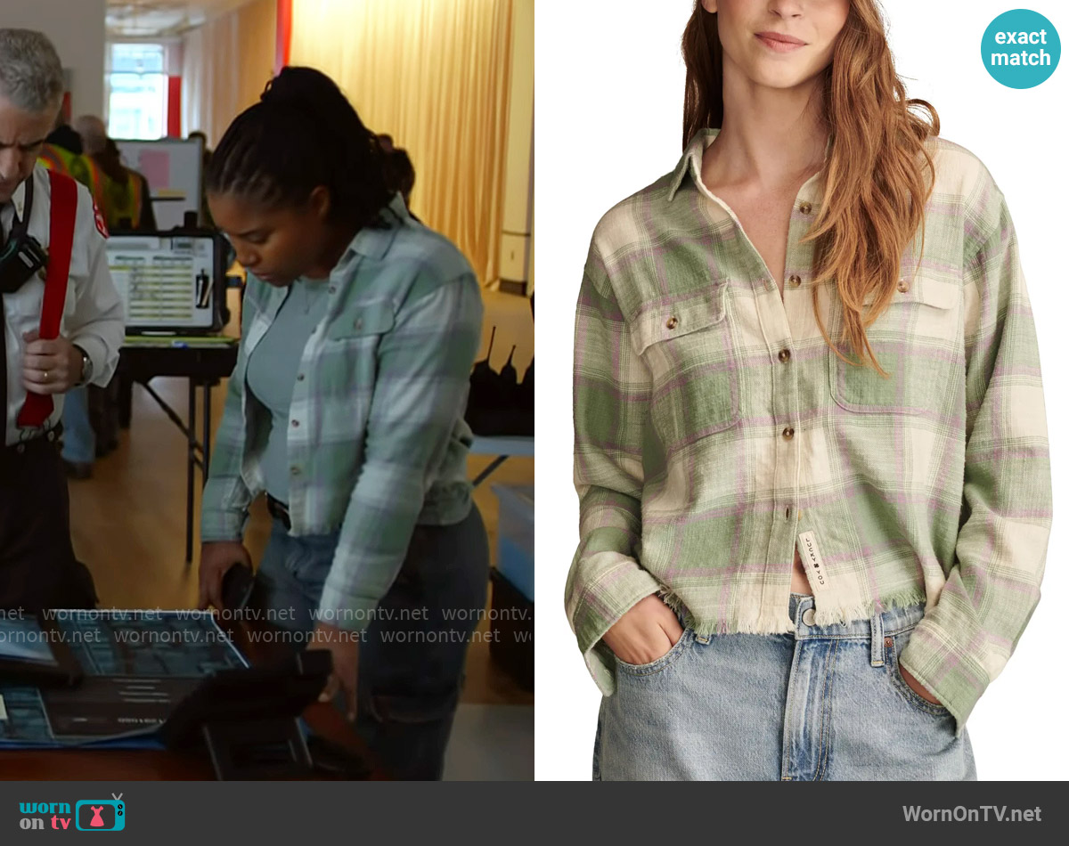 Lucky Brand Raw Edge Flannel Cropped Button Down Shirt in Green Plaid worn by Kiana Cook (Toya Turner) on Chicago PD