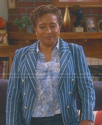 Lucretia’s blue paisley print blouse and stripe blazer on The Upshaws