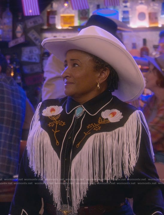 Lucretia’s black floral western shirt on The Upshaws