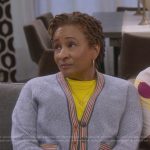 Lucretia’s gray stripe trim cardigan on The Upshaws