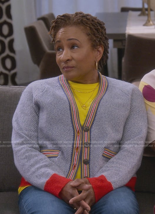 Lucretia’s gray stripe trim cardigan on The Upshaws