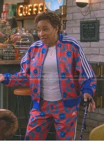 Lucretia’s red and blue print track jacket and pants on The Upshaws