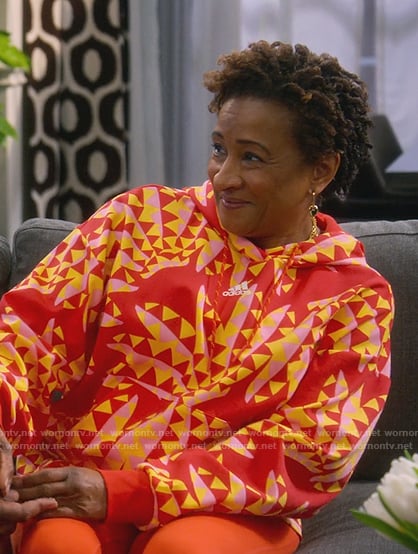 Lucretia’s red printed hoodie on The Upshaws