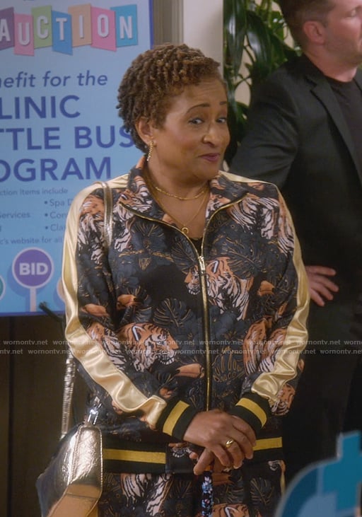 Lucretia’s tiger print bomer jacket on The Upshaws