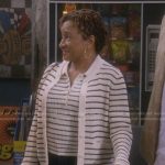 Lucretia’s white striped top and cardigan on The Upshaws