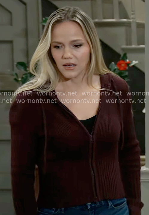 Lulu’s burgundy knit zip up cardigan on General Hospital