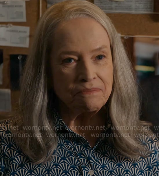 Madeline’s blue fan print button down shirt on Matlock