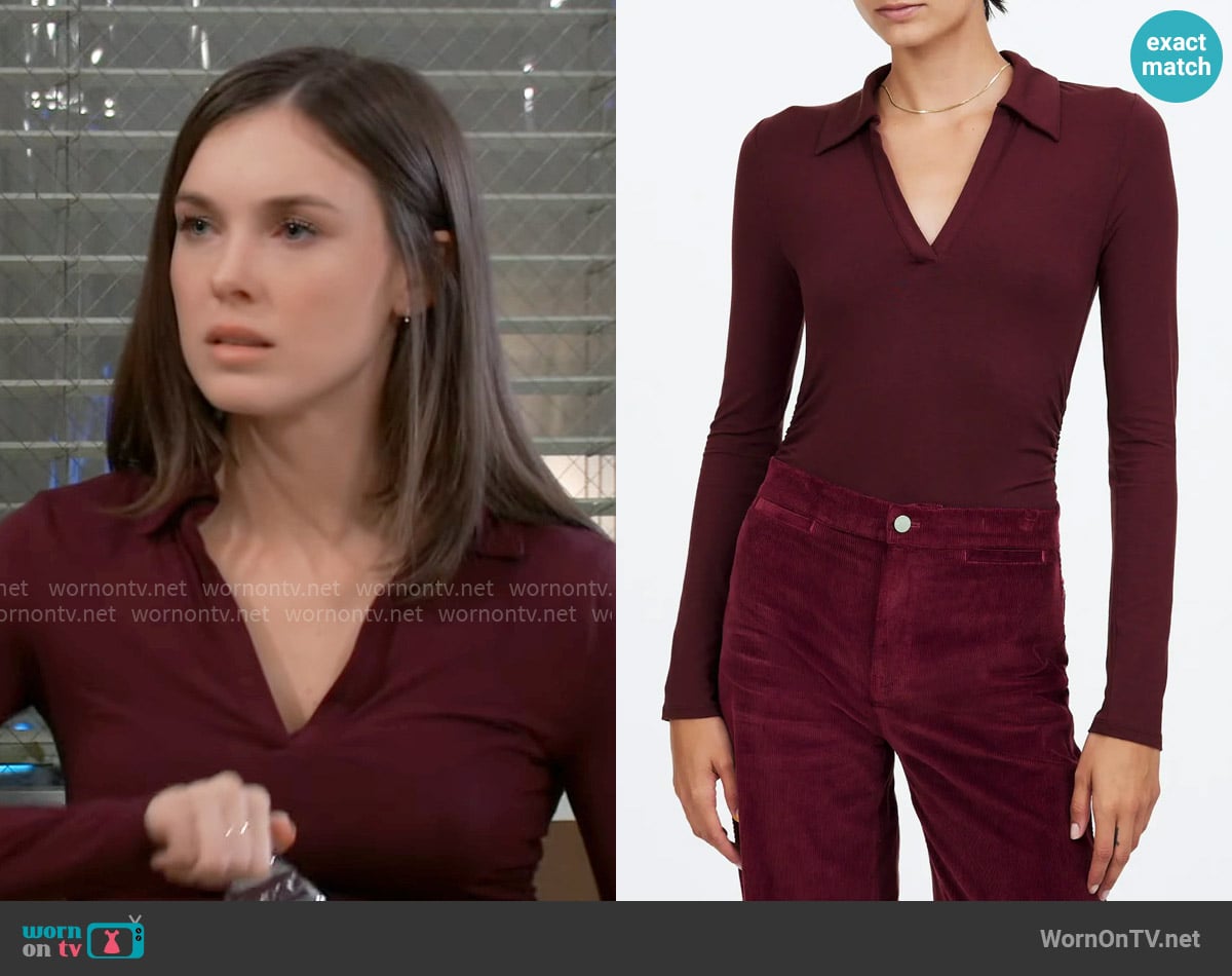 Madewell Side Cinch Long Sleeve Polo Top in Dark Burgundy worn by Willow Tait (Katelyn MacMullen) on General Hospital