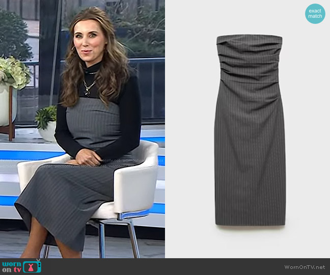 Mango Pinstripe Strapless Midi Dress in Open Grey worn by Sarah Eggenberger on Today