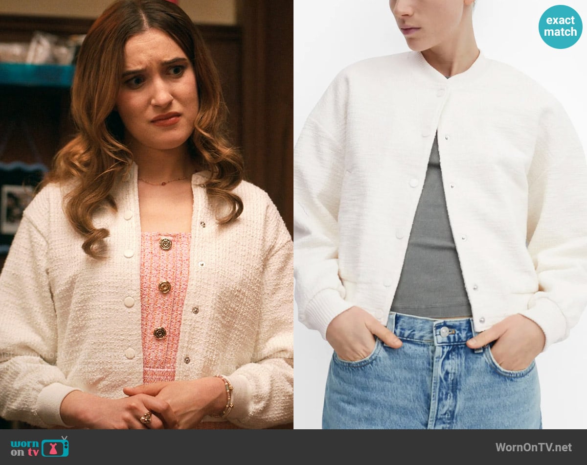 Mango Tweed Bomber Jacket worn by Kacey (Gracie Lawrence) on The Sex Lives of College Girls