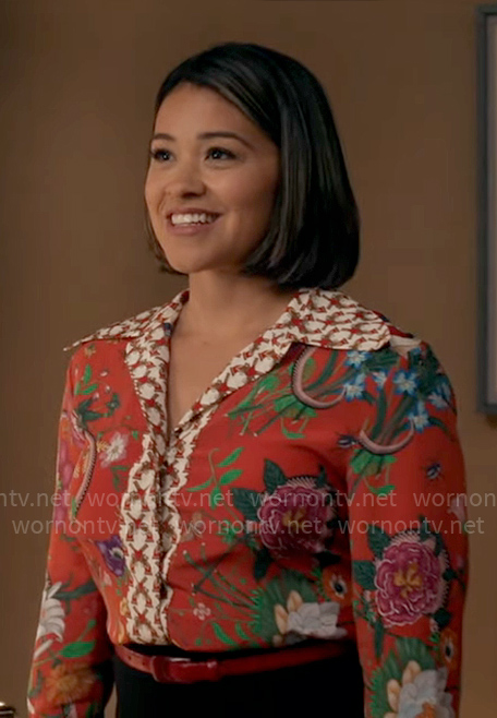 Marion’s red floral and snake print blouse on Will Trent