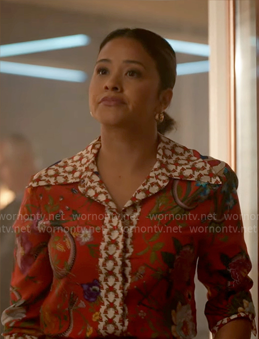 Marion’s red floral and snake print blouse on Will Trent