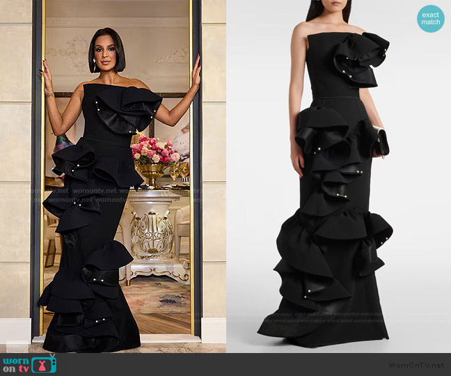 Strapless ruffled gown Maticevski worn by Jessel Taank on The Real Housewives of New York City