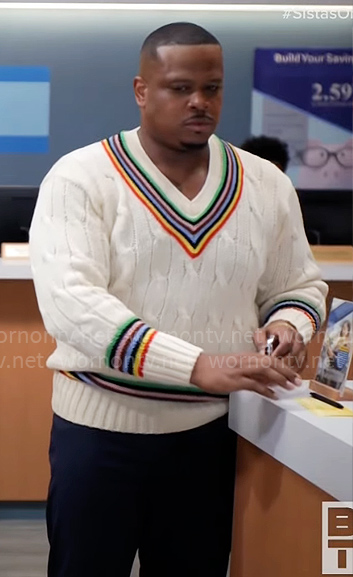Maurice’s cable knit sweater with rainbow stripe trim on Tyler Perrys Sistas