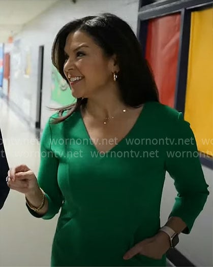 Meg Oliver’s green v-neck dress on CBS Mornings