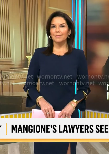 Meg Oliver’s navy chain sleeve dress on CBS Mornings