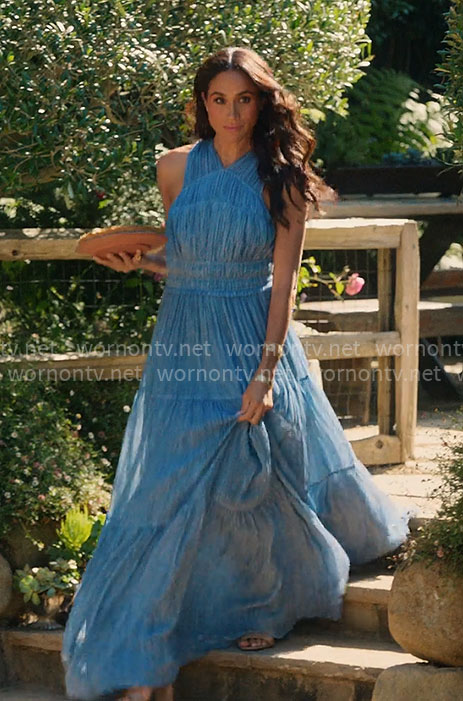 Meghan Markle’s blue pleated maxi dress on With Love Meghan